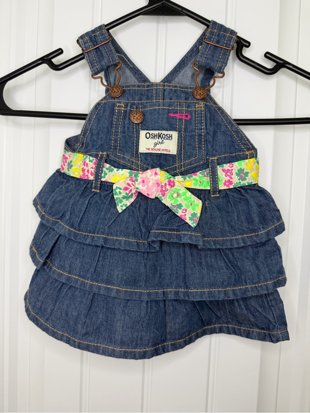 Oshkosh Baby Girl Denim Baby Jumper Dress Sz 3 Month Ruffled Floral Belt vestbak